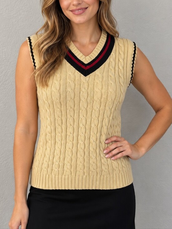 Lands' End Sweaters - Vtg LAND'S END 1980s Cable-Knit V-Neck Varsity Academia Sweater Vest